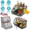 2Pcs Stackable Fruit Baskets For Kitchen Wall Mounted Hanging Basket With Wood Lid 4 Banana Hooks Potato and Onion Storage Bin Kitchen Organizers for