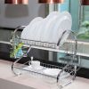 2-Tier Dish Rack Chrome-plated Steel Kitchen Drying Rack w/ Cup Drainer Cutlery Holder Removable Plastic Drainboard