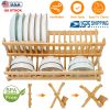 Bamboo Dish Drying Rack 2-Tier Foldable Dish Drainer Kitchen Plate Utensil Rack Holder Dish Tableware Drainer