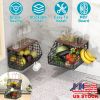 2Pcs Stackable Fruit Baskets For Kitchen Wall Mounted Hanging Basket With Wood Lid 4 Banana Hooks Potato and Onion Storage Bin Kitchen Organizers for