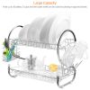 2-Tier Dish Rack Chrome-plated Steel Kitchen Drying Rack w/ Cup Drainer Cutlery Holder Removable Plastic Drainboard