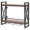 Industrial Rustic Brown Wood Metal 2 Tier Wall Mounted Wine Rack