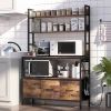 Black Metal Kitchen Baker's Rack with Brown Wood Shelves and Storage Cabinets