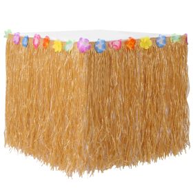Grass Table Skirt Hawaiian Luau Party Decorations Supplies w/Hibiscus for Buffet BBQ Tiki Bar Beach Birthday Party Use (Option: TableGrassSkirt1M)